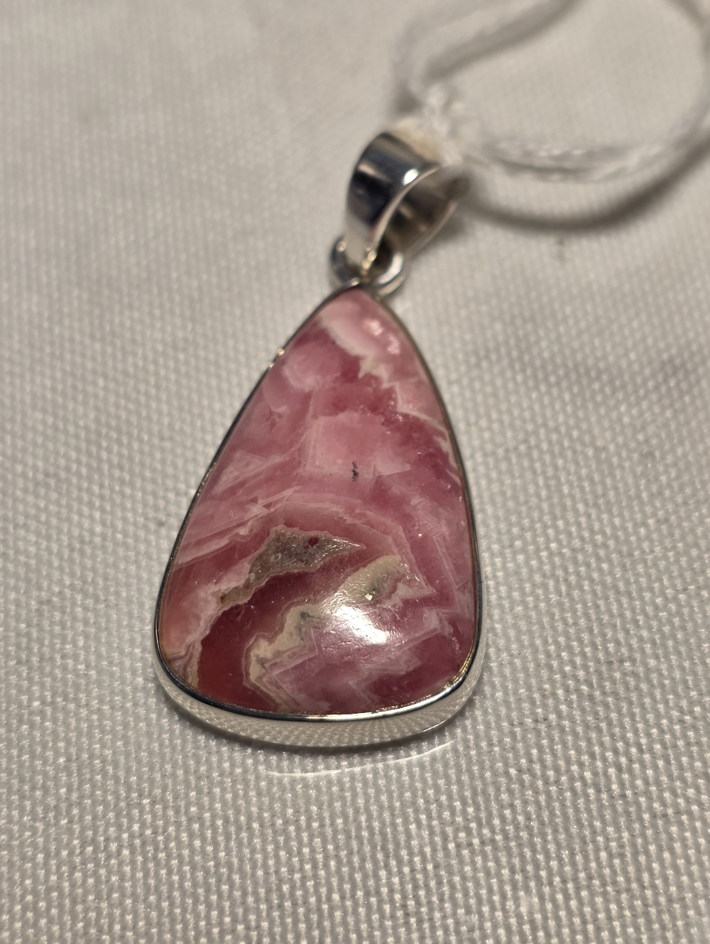 Pink Rhodochrosite Teardrop Pendant Necklace - Sterling Silver Setting.